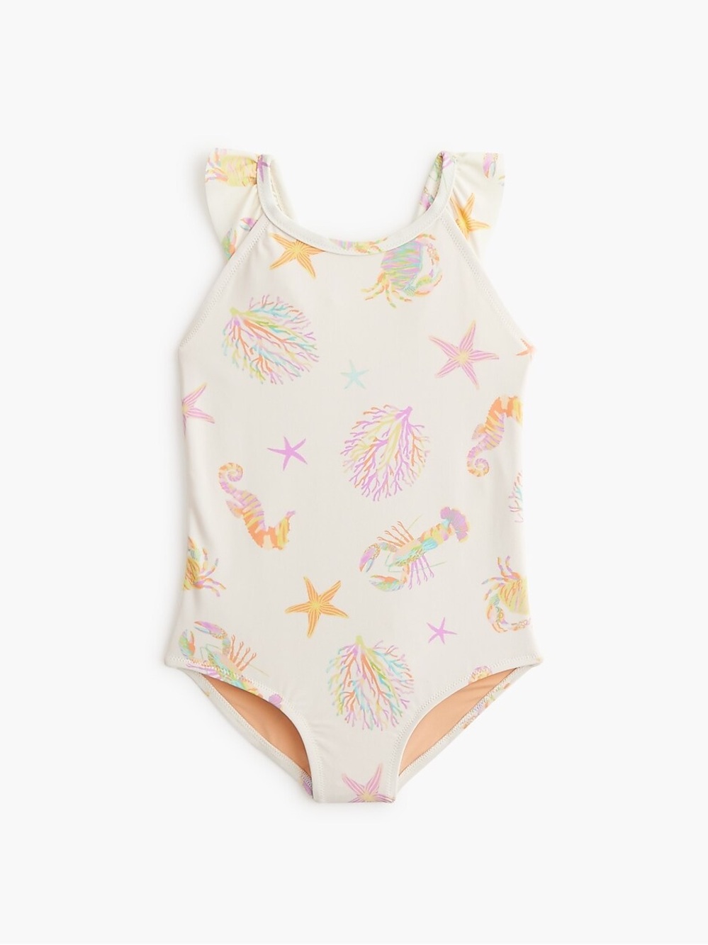 Crewcuts Ruffle Strap One Piece Swimsuit Girls’ 12 Ivory Marine Life
